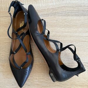 Aquazzura Black Leather Pointed-Toe Lace-Up Flats